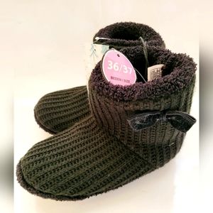 LC Waikiki Girls Knit Comfy Home Slippers Black Elegant Velvet Bow Faux Fur 5.5